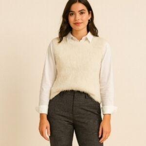 Zara Fuzzy Knit Sweater Vest Sleeveless Ivory/ Cream Top